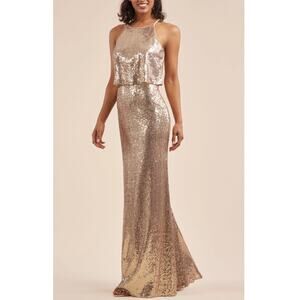 New B2 JASMINE Women's Sandstone Jewel Neck Sequin Long Bridesmaid Dress Size 14